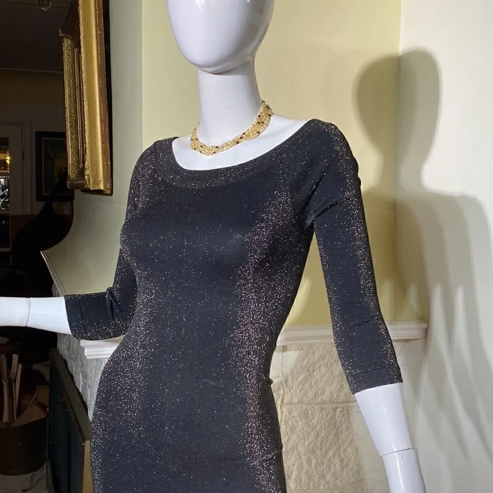 Bebe Stretch Metallic Black & Gold Bodycon Mini Dress 3/4 Sleeves - Picture 10 of 11
